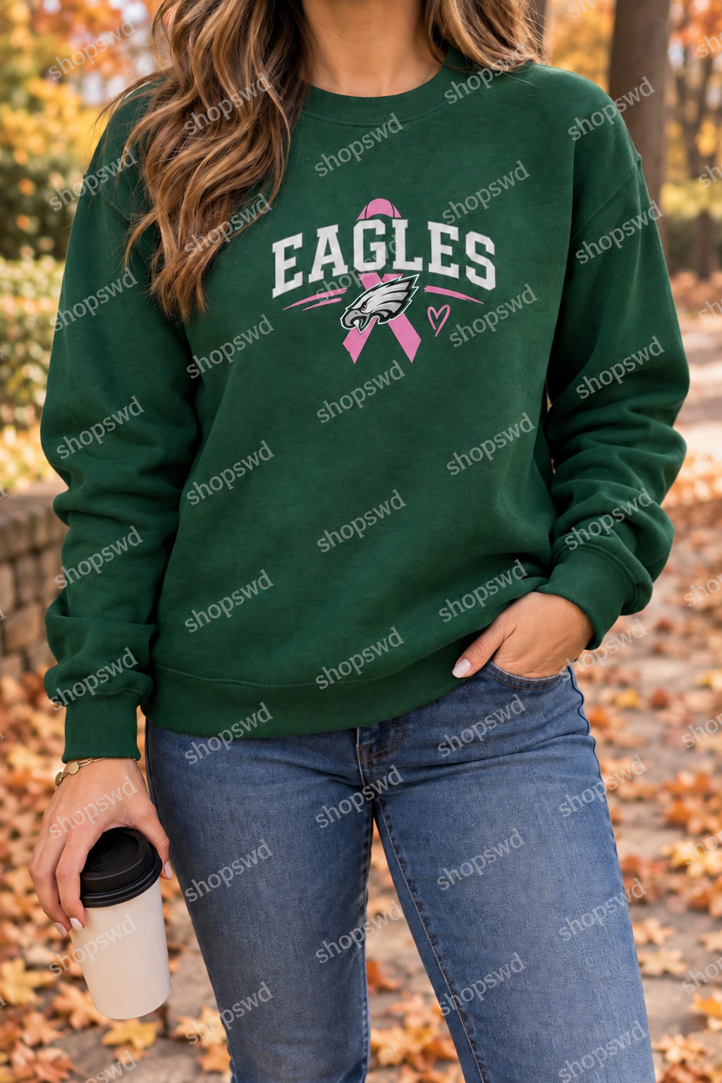 Eagles Wordmark Pink Ribbon Crewneck — Forest Green